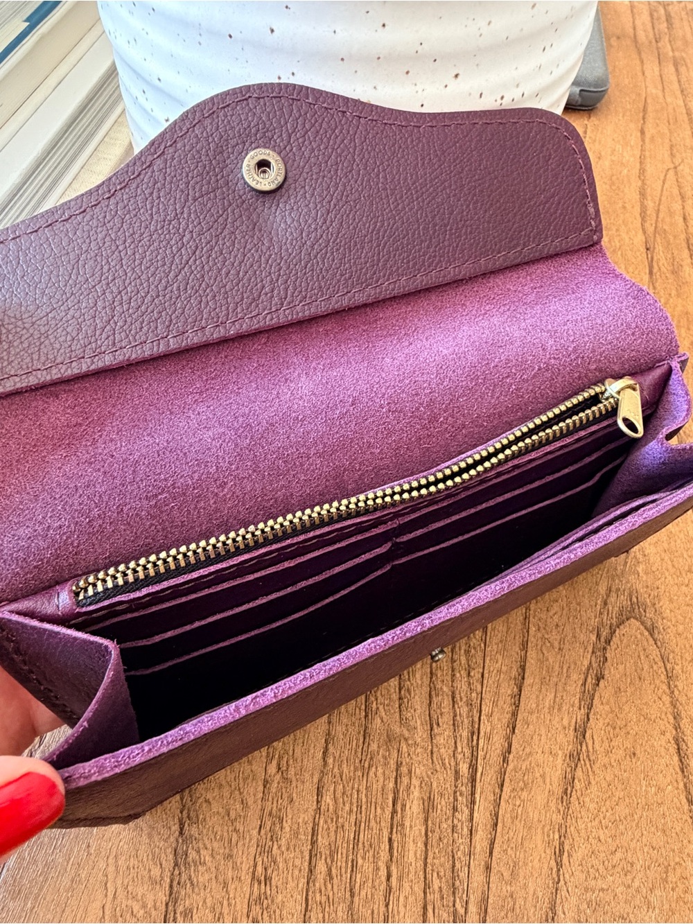 Portland Leather Goods Bozeman Wallet Plum Leather 12 Card Slots Gold Hardware - Picture 3 of 6